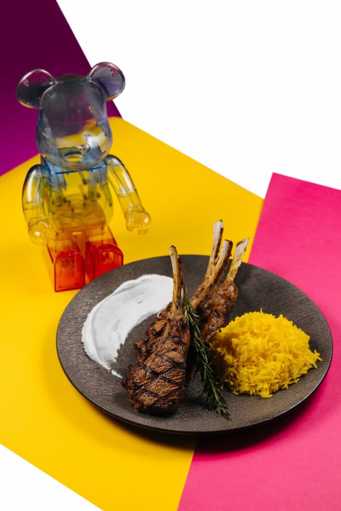 grilled tomahawk steak with rice and sauce