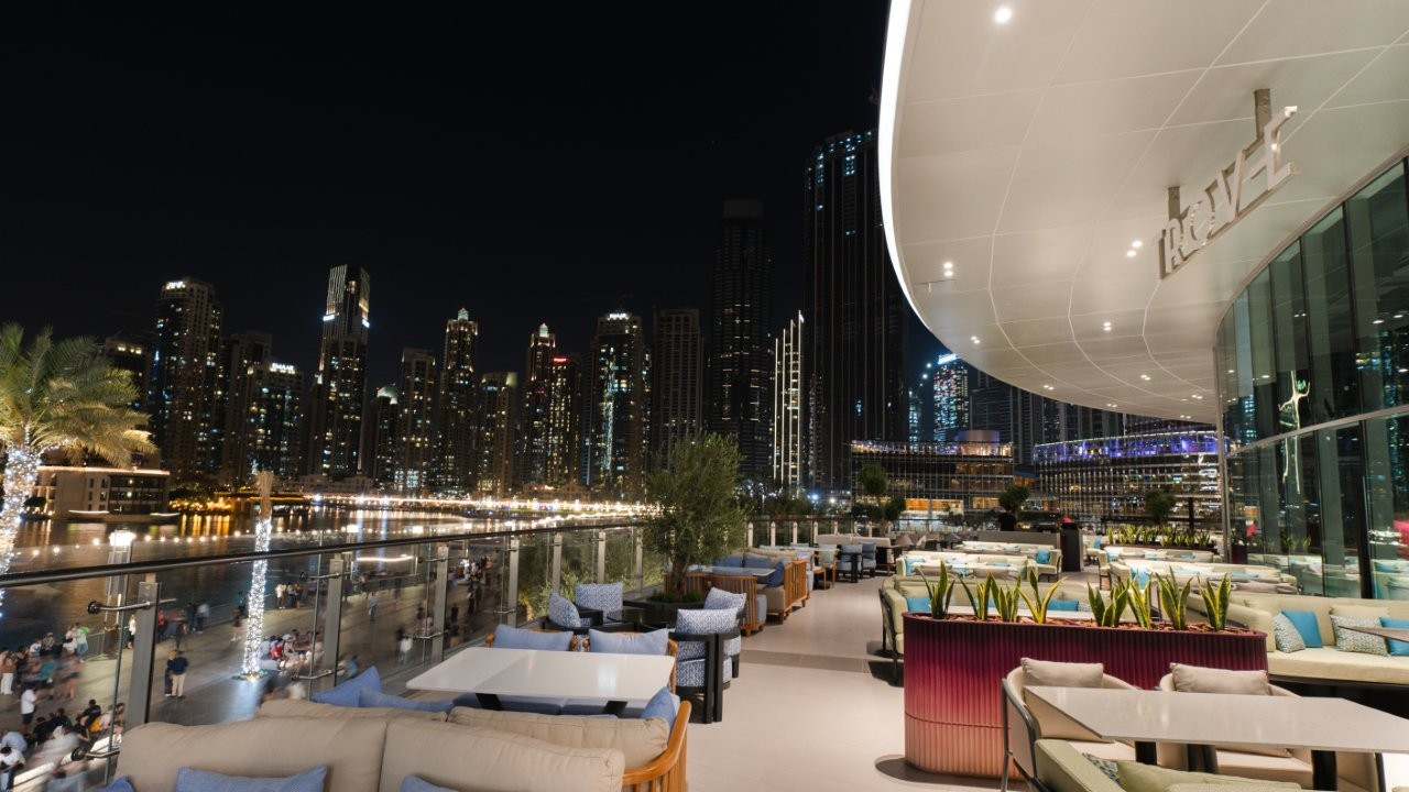 The fountain view from Trove restaurant with multiple tables