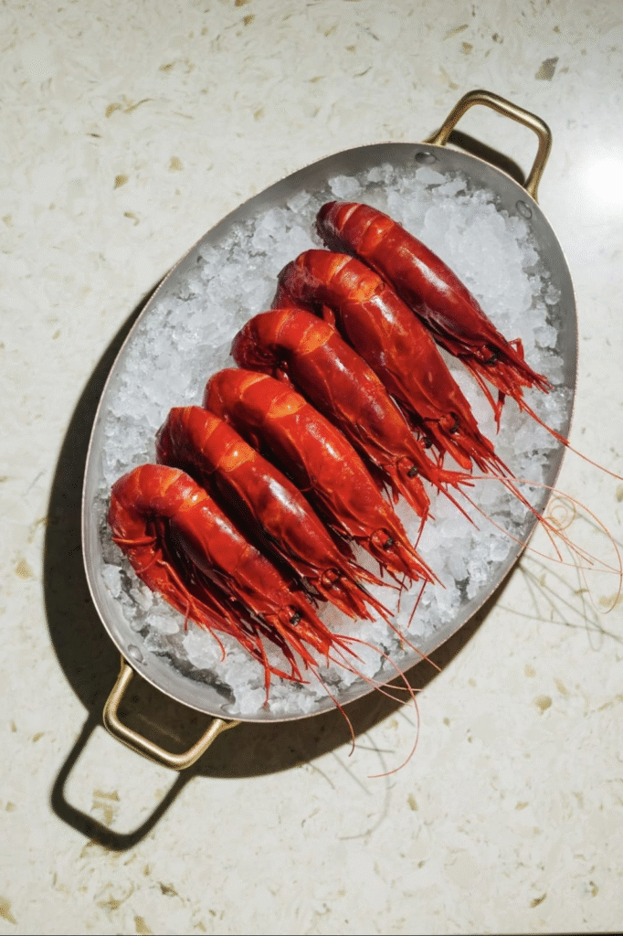 red prawns set on the ice