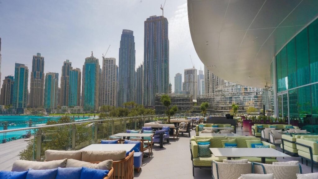The outdoor lounge of the hotel with Dubai Fountain and malls view