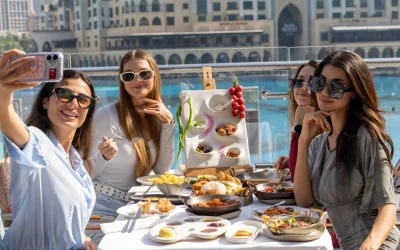 friends enjoying lunch at trove lady taking group selfie