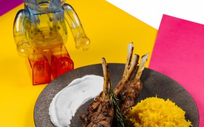 grilled tomahawk steak with rice and sauce