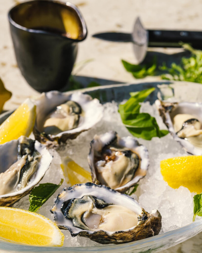 Fresh oysters on ice with lemon.