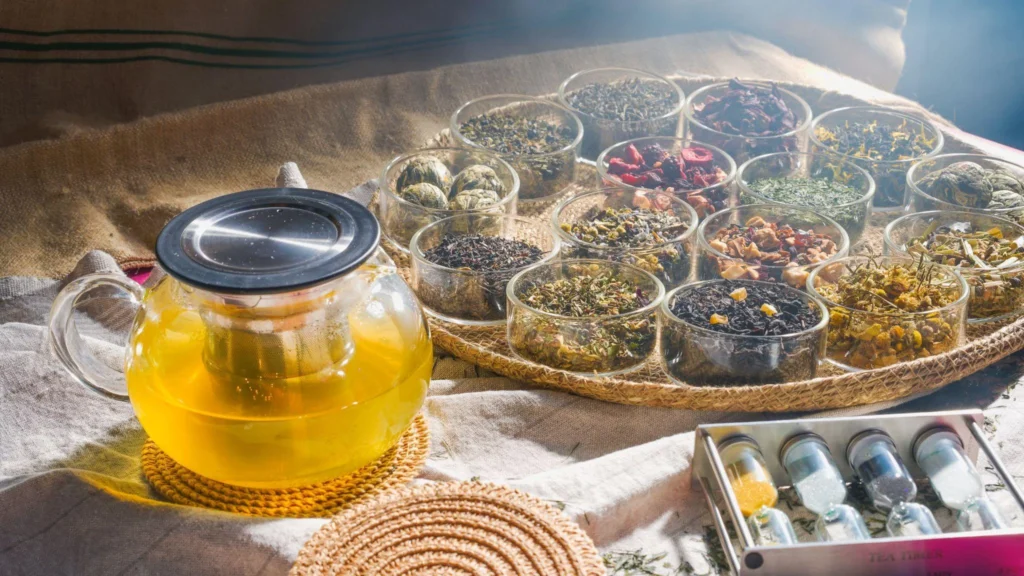 A platter of Arabic spices and green tea being brewed