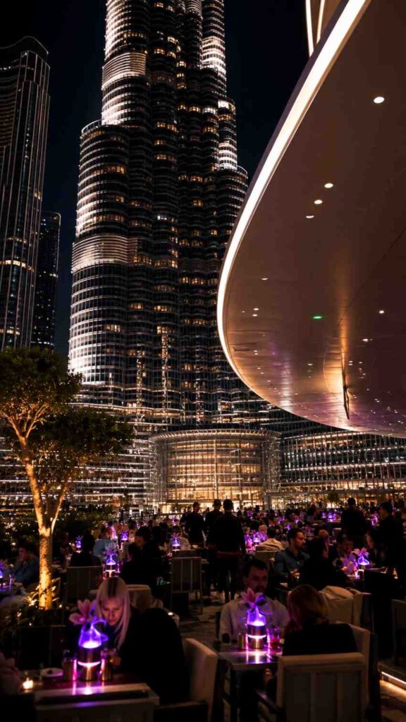 Lively night dining with Burj Khalifa backdrop