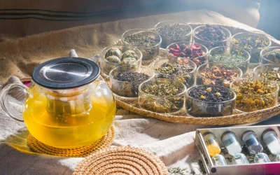 A platter of Arabic spices and green tea being brewed