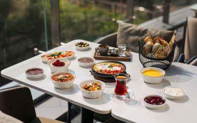 Outdoor dining table with appetizers.