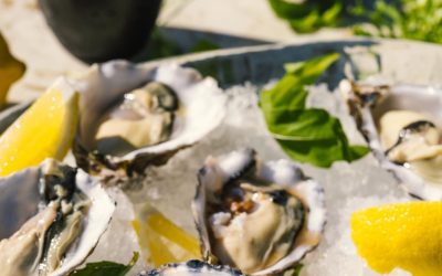 Fresh oysters on ice with lemon.